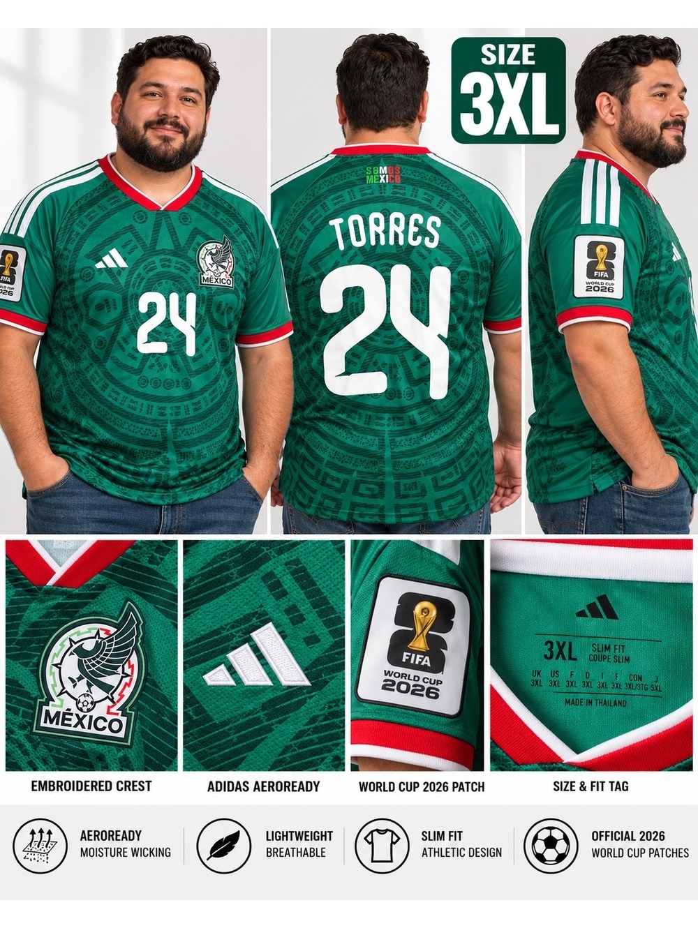 Adidas Mexico Torres 24 Green Soccer Jersey Size 3XL